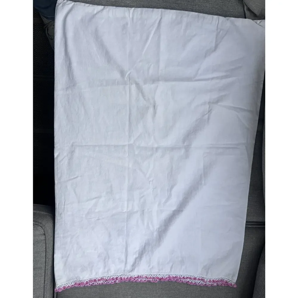 Vintage Hand Embroidered White Cotton Pillow Cover 27x20